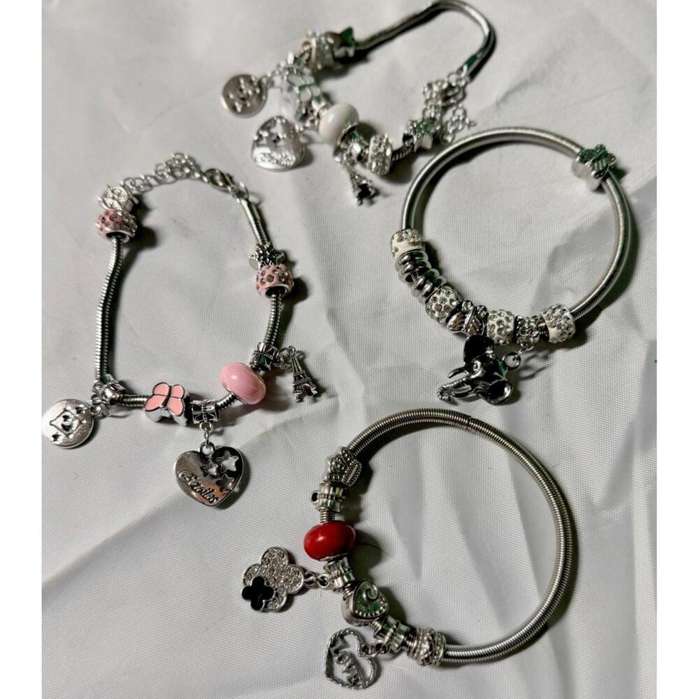 Charm Bracelet Lot Silver Tone Snake Chain Heart Butterfly Charms Set‎